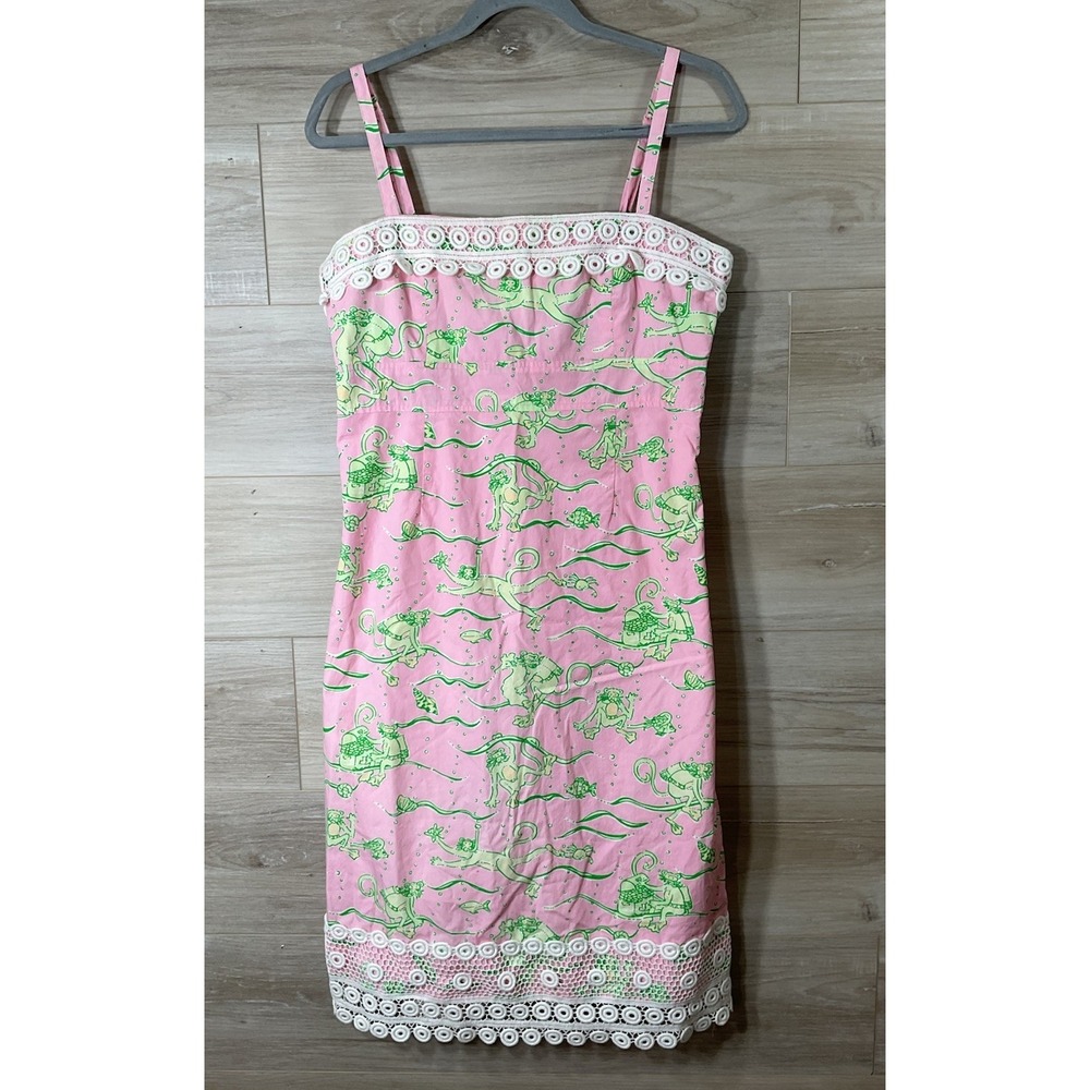 Vintage Lilly Pulitzer Snorkling Monkeys Pink Green Lace Trim Dress Size 8?